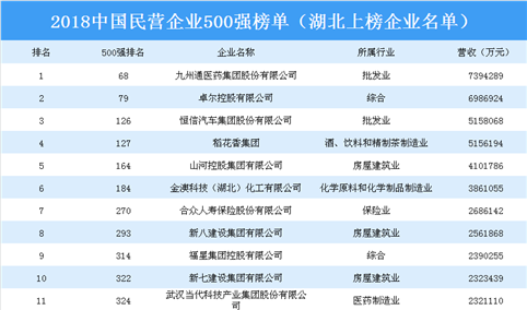 2018年中国民营企业500强排行榜（湖北省上榜企业名单）
