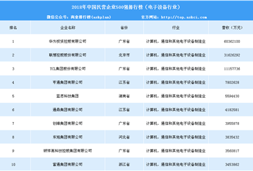 2018年中国民营企业500强排行榜（电子设备行业）