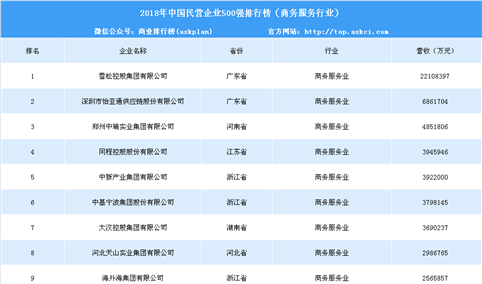 2018年中国民营企业500强排行榜（商务服务行业）