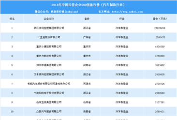 2018年中国民营企业500强排行榜（汽车制造行业）