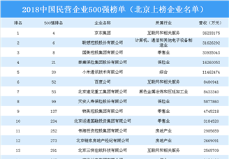 2018年中国民营企业500强排行榜（北京上榜企业名单）