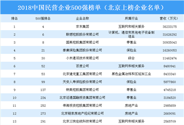 2018年中国民营企业500强排行榜（北京上榜企业名单）