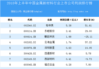 2018上半年中国金属新材料行业上市公司利润排行榜