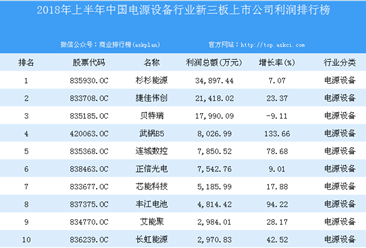 2018年上半年中国电源设备行业新三板上市公司利润排行榜