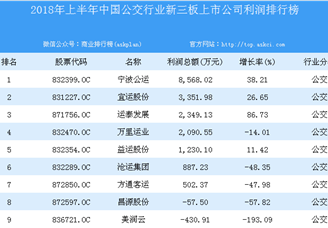 2018年上半年中国公交行业新三板上市公司利润排行榜