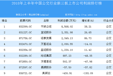 2018年上半年中國公交行業新三板上市公司利潤排行榜