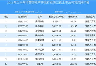 2018年上半年中国房地产开发行业新三板上市公司利润排行榜