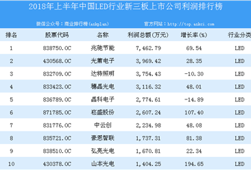 2018年上半年中國LED行業新三板上市公司利潤排行榜
