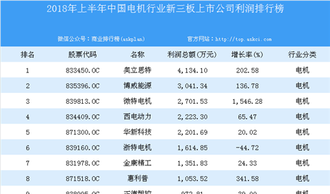 2018年上半年中国电机行业新三板上市公司利润排行榜