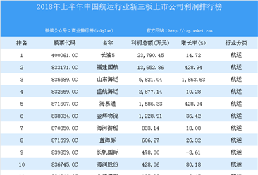 2018年上半年中国航运行业新三板上市公司利润排行榜