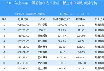 2018年上半年中國船舶制造行業新三板上市公司利潤排行榜