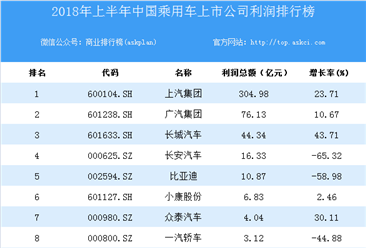 2018上半年中国乘用车上市公司利润排行榜