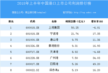 2018上半年中國港口上市公司利潤排行榜