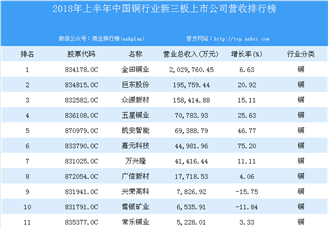 2018年上半年中国铜行业新三板上市公司营收排行榜
