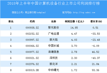 2018上半年中国计算机设备行业上市公司利润排行榜