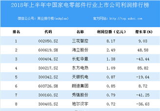 2018上半年中国家电零部件行业上市公司利润排行榜