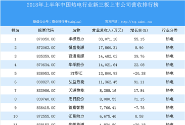 2018年上半年中国热电行业新三板上市公司营收排行榜