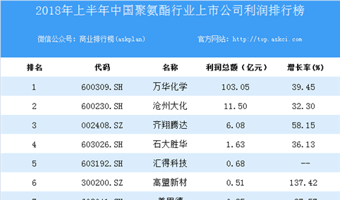 2018上半年中国聚氨酯行业上市公司利润排行榜