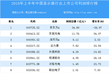 2018上半年中国显示器行业上市公司利润排行榜