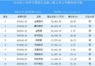 2018年上半年中国铝行业新三板上市公司营收排行榜