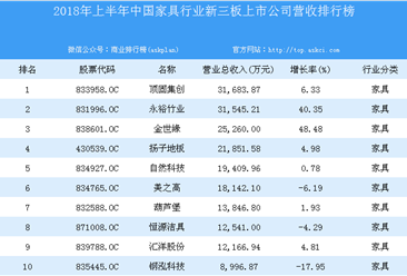 2018年上半年中国家具行业新三板上市公司营收排行榜