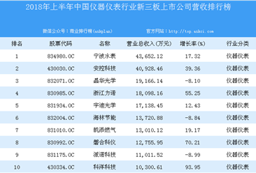 2018年上半年中国仪器仪表行业新三板上市公司营收排行榜