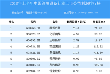 2018上半年中国终端设备行业上市公司利润排行榜
