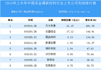 2018上半年中国非金属新材料行业上市公司利润排行榜