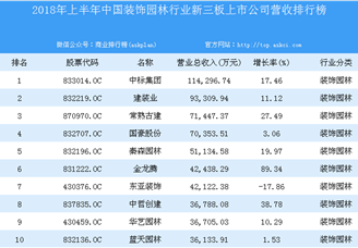 2018年上半年中国装饰园林行业新三板上市公司营收排行榜