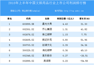 2018上半年中国文娱用品行业上市公司利润排行榜
