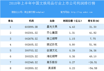 2018上半年中国文娱用品行业上市公司利润排行榜