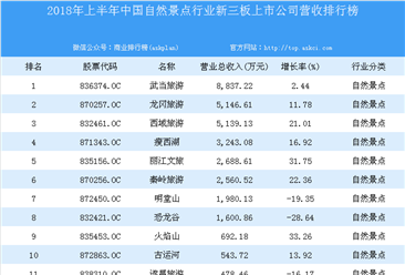 2018年上半年中國自然景點行業新三板上市公司營收排行榜