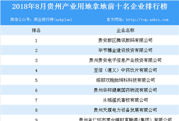 2018年8月贵州产业用地拿地前10名企业排行榜