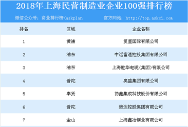 2018年上海民营制造业企业100强排行榜