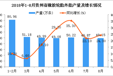 2018年1-8月贵州省橡胶轮胎外胎产量同比增长19%