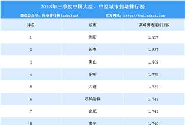 2018年三季度中国大、中型拥堵城市排行榜（TOP10）