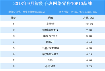 2018年9月智能手表网络零售TOP10品牌排行榜