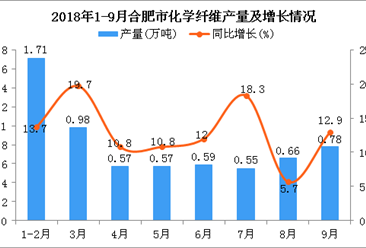 2018年1-9月合肥市化学纤维产量为6.41万吨 同比增长13.1%