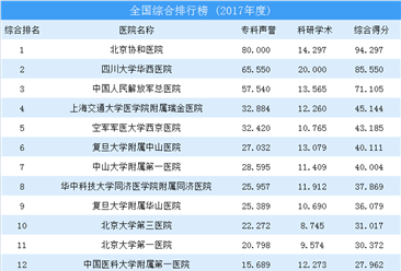 2017年中国医院综合排行榜TOP100