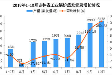 2018年1-10月吉林省工业锅炉蒸发量同比增长33.35%