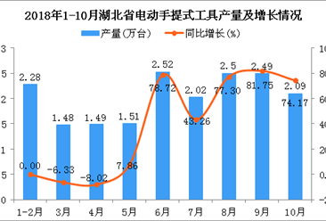2018年1-10月湖北省电动手提式工具产量为18.38万台 同比增长34.36%