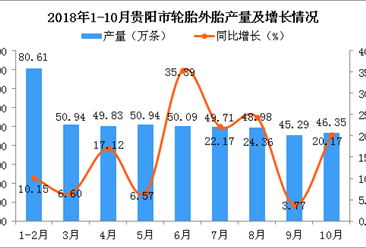 2018年1-10月貴陽市輪胎外胎產量同比增長17.48%