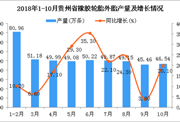 2018年1-10月贵州省橡胶轮胎外胎产量同比增长17.5%