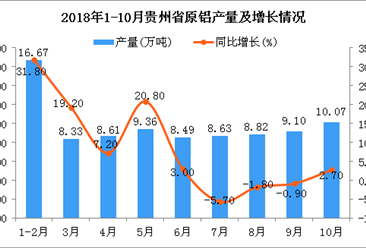 2018年1-10月贵州省原铝产量同比增长6.4%