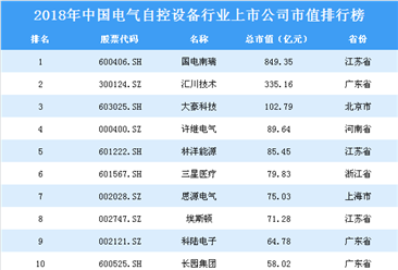2018年中国电气自控设备行业上市公司市值排行榜