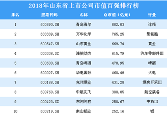 2018年山东省上市公司市值百强排行榜