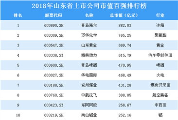 2018年山东省上市公司市值百强排行榜