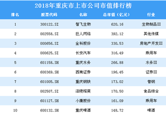 2018年重庆市上市公司市值排行榜