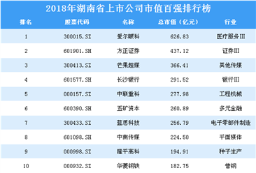 2018年湖南省上市公司市值百强排行榜