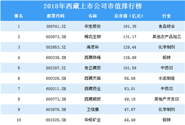 2018年西藏上市公司市值排行榜